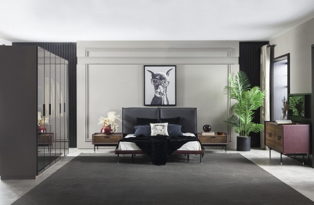 Šedá ložnicová nábytková souprava Loft s postelí, skříní, nočními stolky a komodou 5 kusů