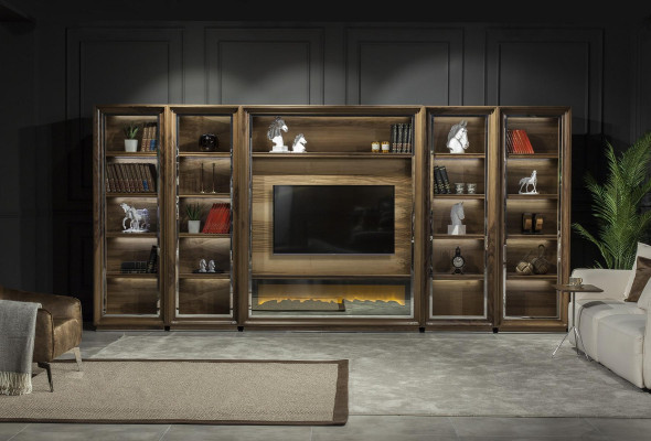 Luxus Wohnwände 448cm Schrank Wand Wohnwand mit Kamin Wohnzimmer Holz