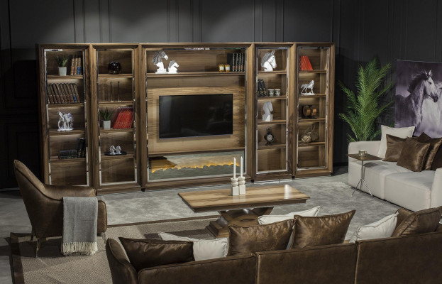 Luxus Wohnwände 448cm Schrank Wand Wohnwand mit Kamin Wohnzimmer Holz