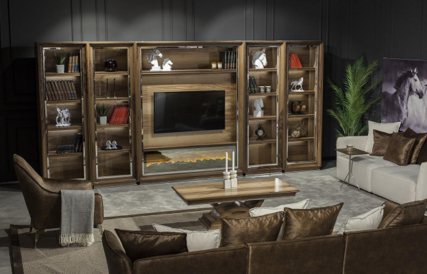 Luxusní obývací stěna 448 cm s krbem z dřeva