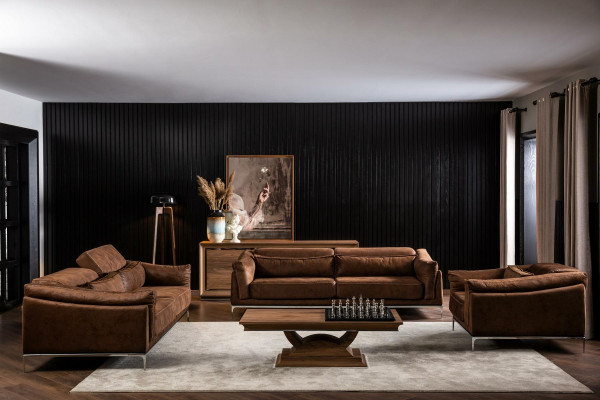 Sofa pro tři osoby s měkkým vzhledem hnědého sametu