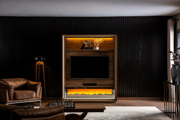 Luxusní obývací stěna s krbem a konferenčním stolkem