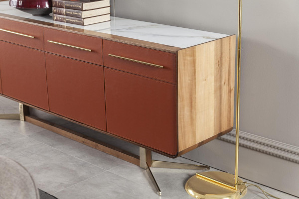 Oranžová skříňka se zásuvkami a policemi, komoda xxl, sideboard 240cm