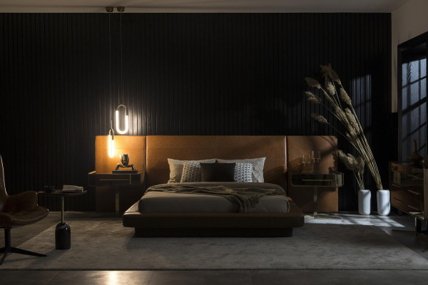 Design Schlafzimmer Bett mit zwei Luxus Nachttischen Glas Tische Betten Hotel