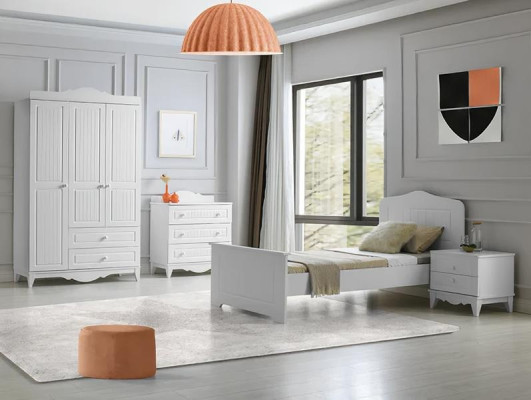 Möbelset Bett Nachttisch Kommode Kleiderschrank Modern Weiß 4-teilig Stilvoll