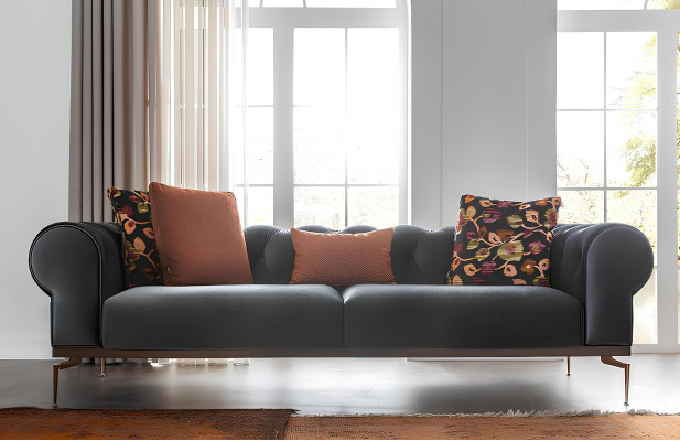 Chesterfield Dreisitzer Sofa 3 Sitzer Stoffsofa Sofas Blau Stoff Couch