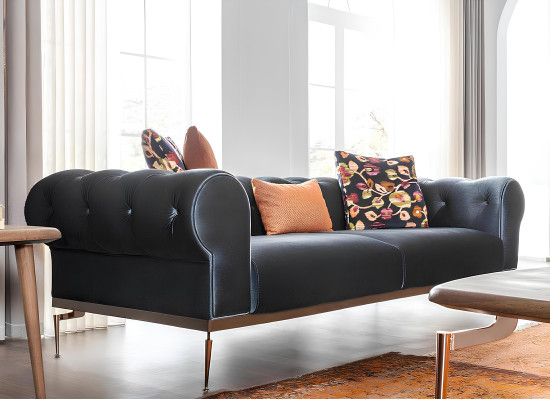 Chesterfield Dreisitzer Sofa 3 Sitzer Stoffsofa Sofas Blau Stoff Couch
