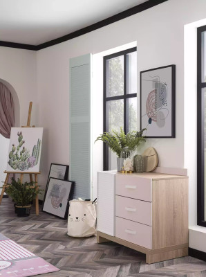 Kommode mit Spiegel Kindermöbel Holz Rosa 2tlg Kinderzimmer Schrank