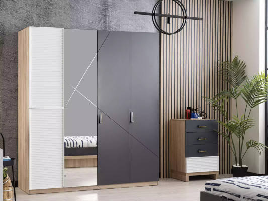 Kleiderschrank 4 Türen Moden Schrank Holz Grau Spiegel Kinderzimmer