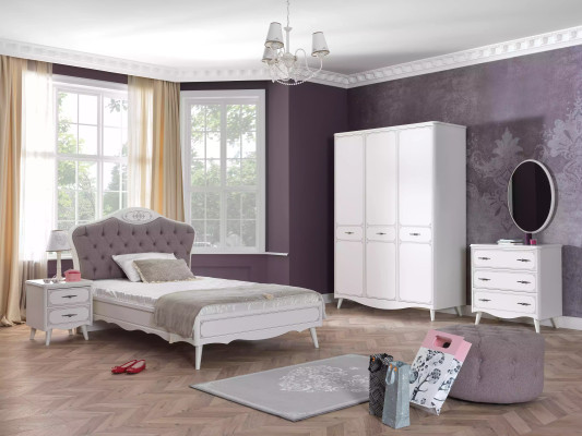 Kinderzimmer Chesterfield Jugendbett Bett 100 cm Set 5tlg Grau Stoff