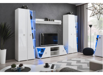 Sada moderní bílé stěny do obývacího pokoje s televizorem a vitrínou
