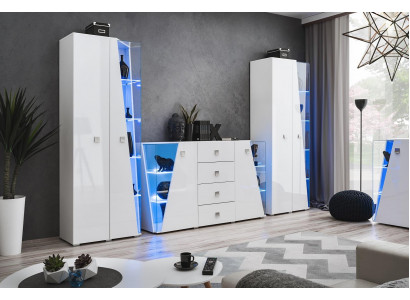 Luxusní bílá komoda 2x vitrína set nábytku do moderního obývacího pokoje