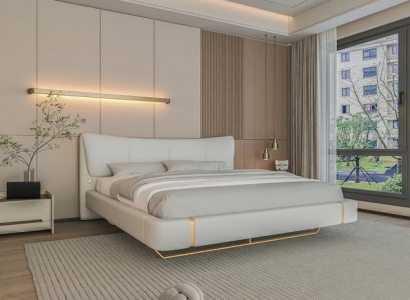 Luxusní šedá postel se zlatými akcenty, moderní design a pohodlné čelo