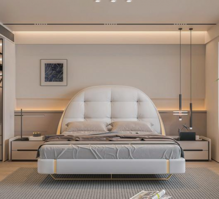 Luxusní šedá postel se zlatými akcenty moderní design kulaté čelo ložnice