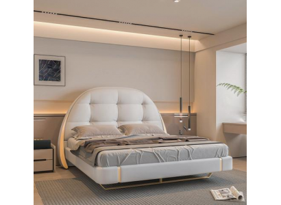 Luxusní šedá postel se zlatými akcenty moderní design kulaté čelo ložnice