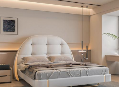 Luxusní šedá postel se zlatými akcenty moderní design kulaté čelo ložnice