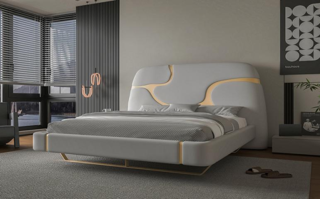 Luxusní postel se zlatými akcenty Moderní design Čalouněné čelo Ložnice