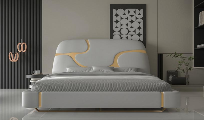 Luxusní postel se zlatými akcenty Moderní design Čalouněné čelo Ložnice