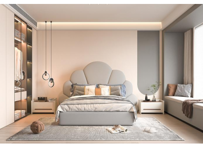 Luxusní šedá postel s moderním čalouněným čelem v květinovém vzoru