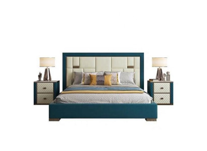 Luxus Blaues Bett mit Gepolstertem Kopfteil Modernes Design und Akzentfarben