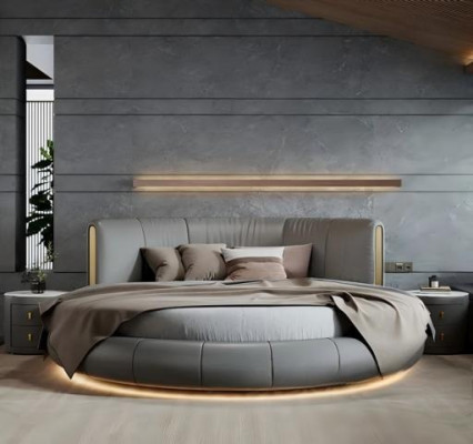 Exklusives Rundbett Grau Beige Polster Leder Design Modernes Schlafzimmer