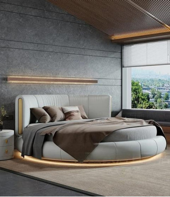 Exklusives Rundbett Grau Beige Polster Leder Design Modernes Schlafzimmer