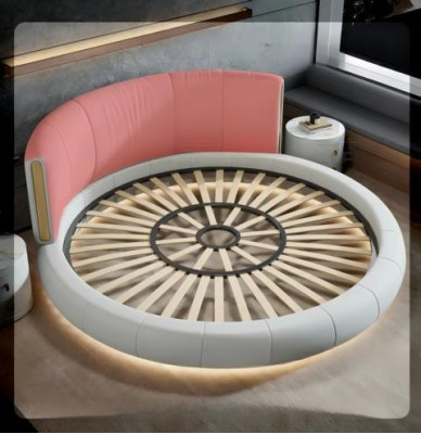 Exklusives Rundbett Grau Beige Polster Leder Design Modernes Schlafzimmer