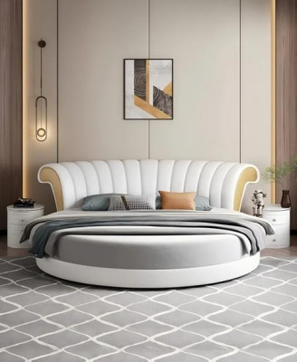Exklusives Rundbett Weiß Beige Polster Leder Design Modernes Schlafzimmer