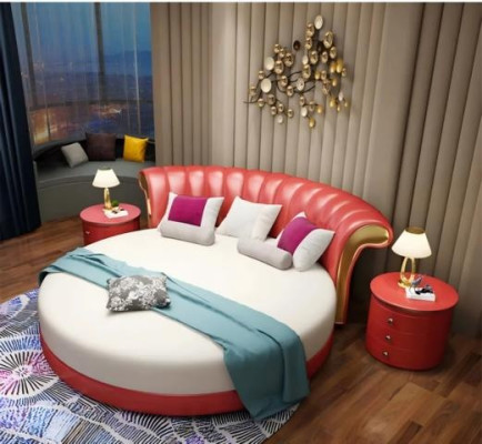 Exklusives Rundbett Weiß Beige Polster Leder Design Modernes Schlafzimmer