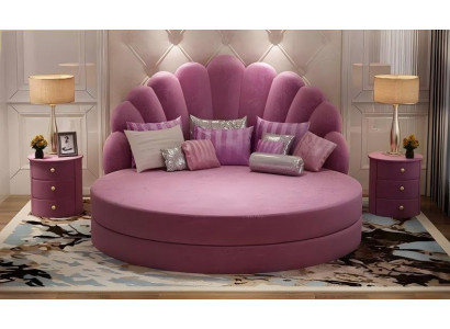 Elegantes Rundbett Weiß Shell Design Polster Lila Silber Modernes Schlafzimmer