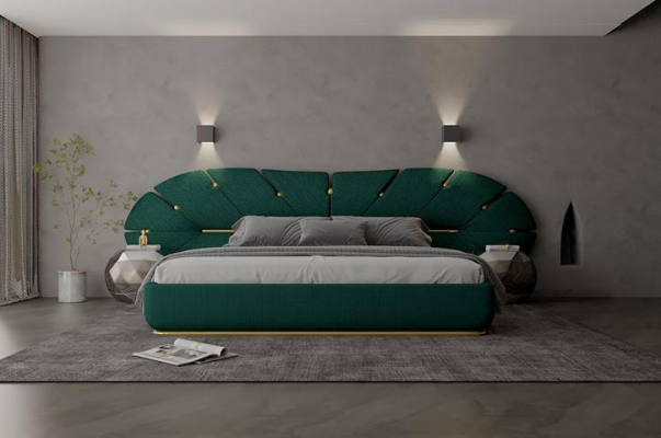 Luxus Bett Grün Gold Akzent Polster Fächer Design Modernes Schlafzimmer