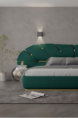 Luxus Bett Grün Gold Akzent Polster Fächer Design Modernes Schlafzimmer