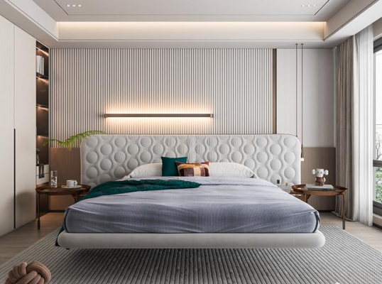 Moderní bílá čalouněná postel v minimalistickém kulatém designu