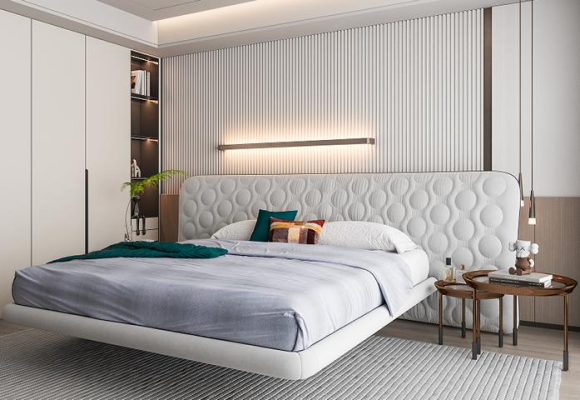 Moderní bílá čalouněná postel v minimalistickém kulatém designu