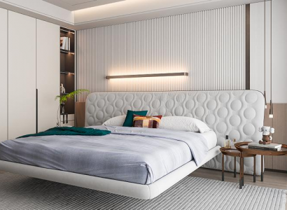 Moderní bílá čalouněná postel v minimalistickém kulatém designu