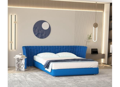 Modernes Bett Blau Gewebtes Design Polster Kopfteil Komfort Schlafzimmer