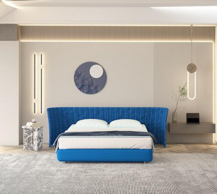 Nová modrá postel z látky s čalouněným čelem do ložnice