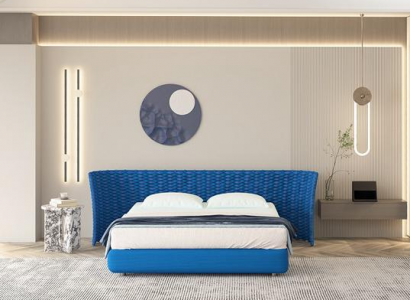 Nová modrá postel z látky s čalouněným čelem do ložnice