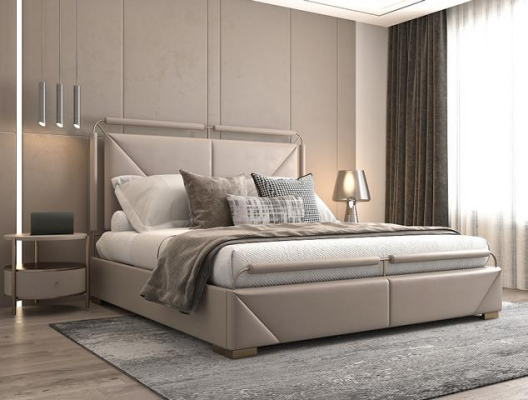 Luxusní postel v moderním designu béžová se zlatými akcenty a elegantním čelem