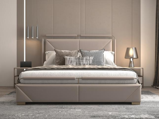 Luxusní postel v moderním designu béžová se zlatými akcenty a elegantním čelem