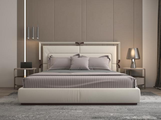 Luxus Bettgestell Modernes Design Beige mit Braun Akzenten Elegantem Kopfteil