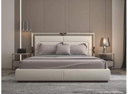 Luxus Bettgestell Modernes Design Beige mit Braun Akzenten Elegantem Kopfteil