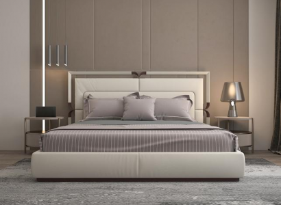 Moderní luxusní postel v béžové barvě s hnědými akcenty a elegantním čelem