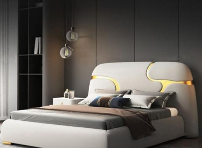 Moderní čalouněná postel ve šedo-zlatém stylu