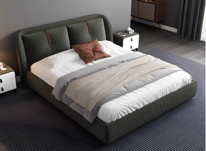 Moderní manželská postel z tmavě zelené kůže čalouněná