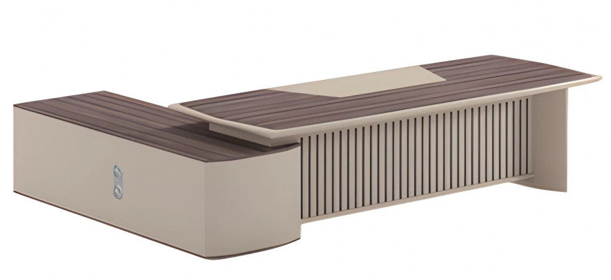 Moderní psací stůl v béžové barvě s dřevěným efektem a prodlouženou deskou do kanceláře