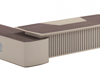 Moderní psací stůl v béžové barvě s dřevěným efektem a prodlouženou deskou do kanceláře