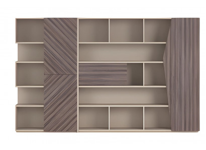Moderní regálový systém v béžovo-hnědé barvě s dřevěným efektem, otevřená skříň se zásuvkami