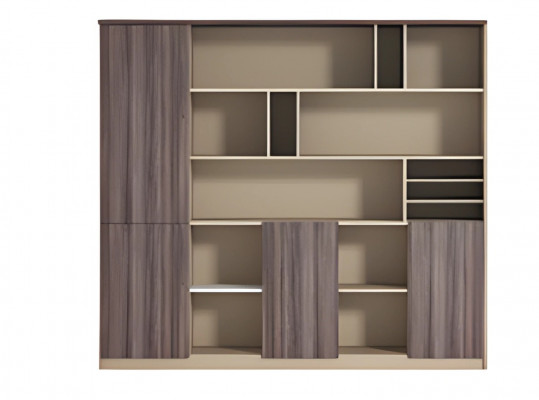 Moderní béžovo-hnědá kancelářská skříň s dřevěným efektem, otevřená, do pracovního prostoru