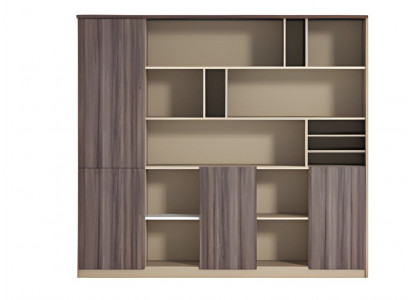 Moderní béžovo-hnědá kancelářská skříň s dřevěným efektem, otevřená, do pracovního prostoru